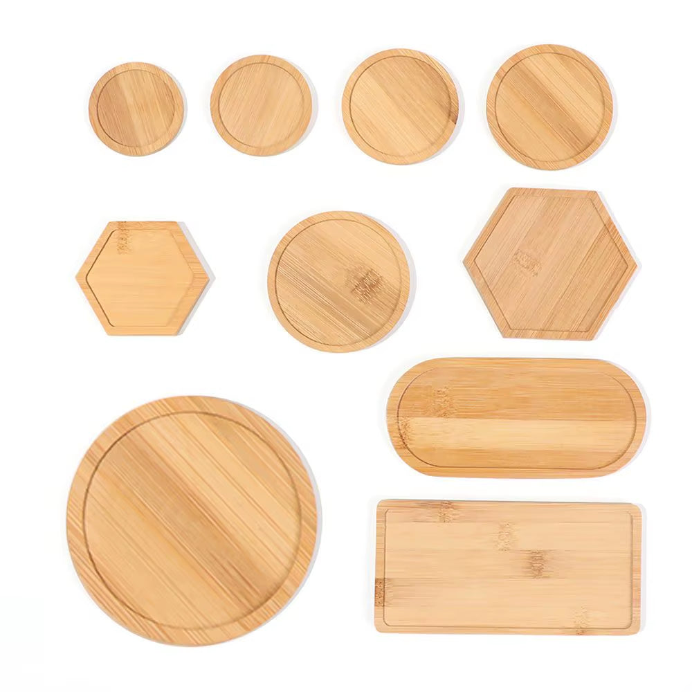 Bamboo Wood Tray Simple round Square Hexagon Rectangle Flowerpot Base Planters Pot Stander Succulents Bonsai Holder Home Decor