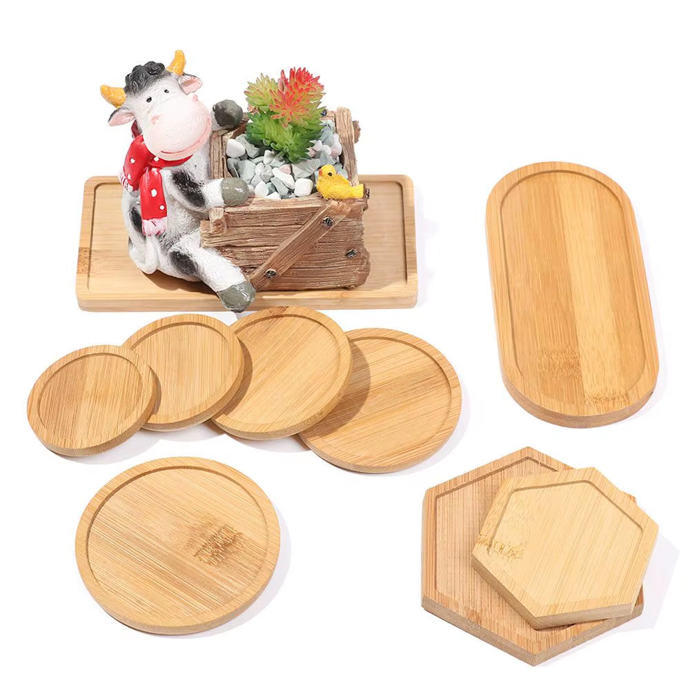 Bamboo Wood Tray Simple round Square Hexagon Rectangle Flowerpot Base Planters Pot Stander Succulents Bonsai Holder Home Decor