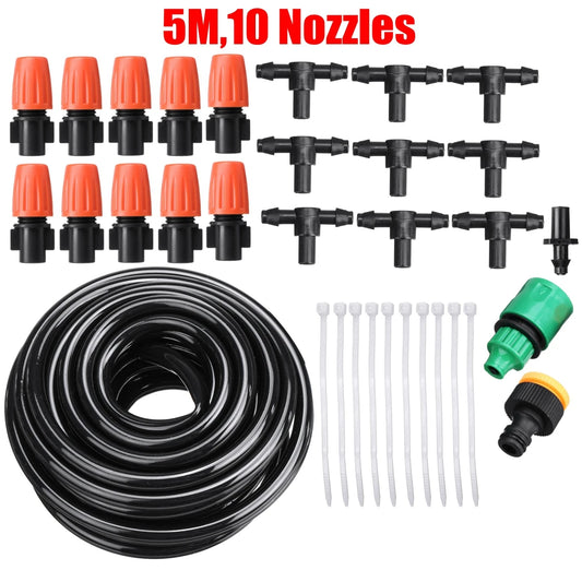 Adjustable Water Misting Cooling Irrigation System Kit Tubing Hose 5M/8M/10M/15M/20M/25M with Mist Nozzle Sprinkler