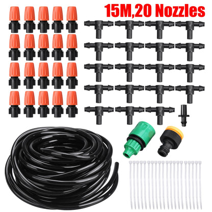 Adjustable Water Misting Cooling Irrigation System Kit Tubing Hose 5M/8M/10M/15M/20M/25M with Mist Nozzle Sprinkler